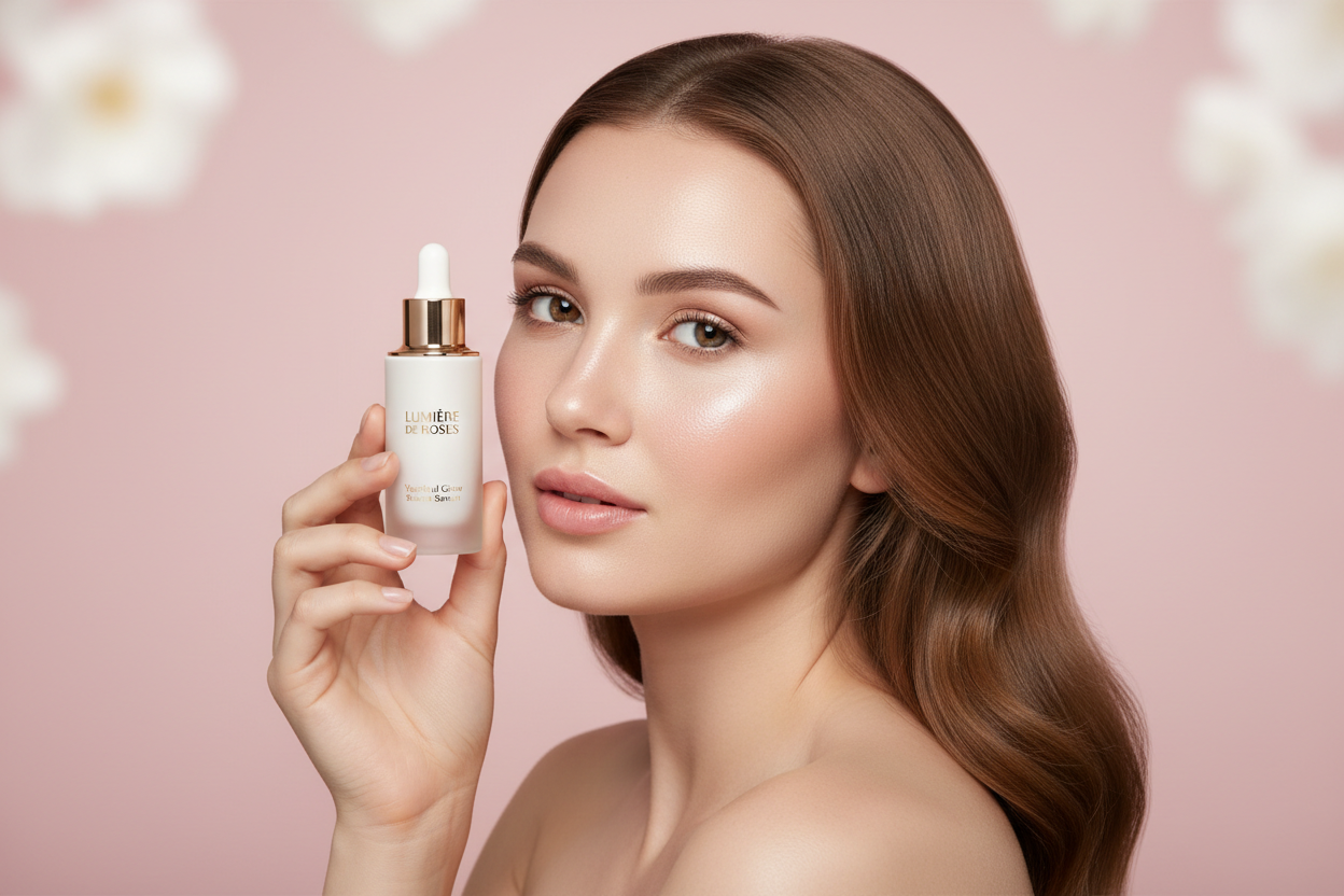I want a luxury skincare promotional image with a soft pink background, natural glowing makeup, clean studio lighting, and an elegant model holding the product. Very minimal, feminine, and high-end.” make is medium size
