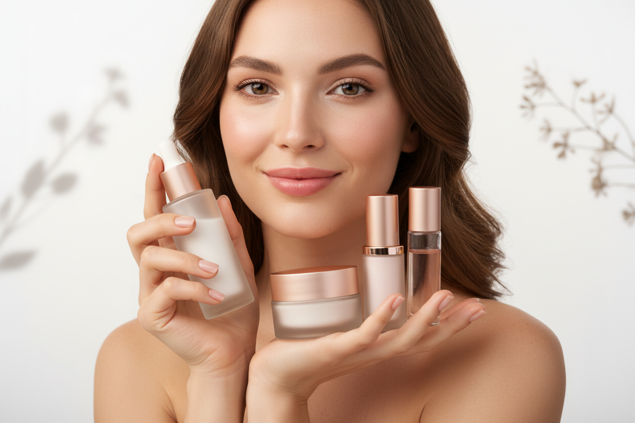 make a pic with women and product holfing in hands